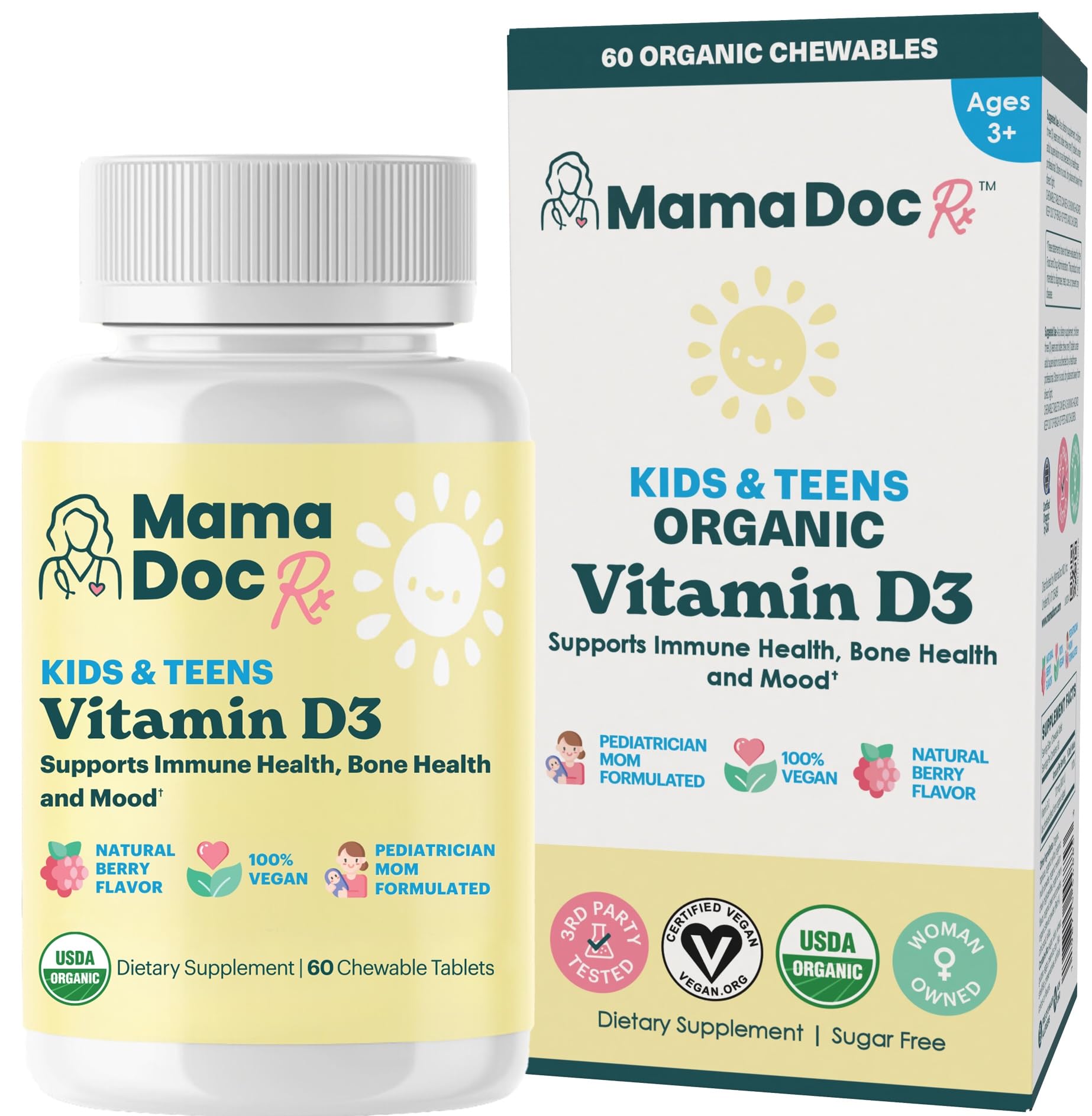 Bottle of MamaDoc Rx Organic Kids Vitamin D3 Chewables (800 IU)