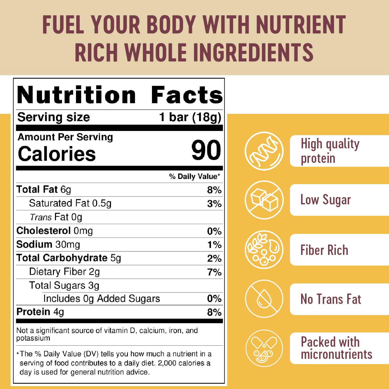 Mammoth Bar almond-vanilla bar close-up shows natural ingredients and 4g protein per bar
