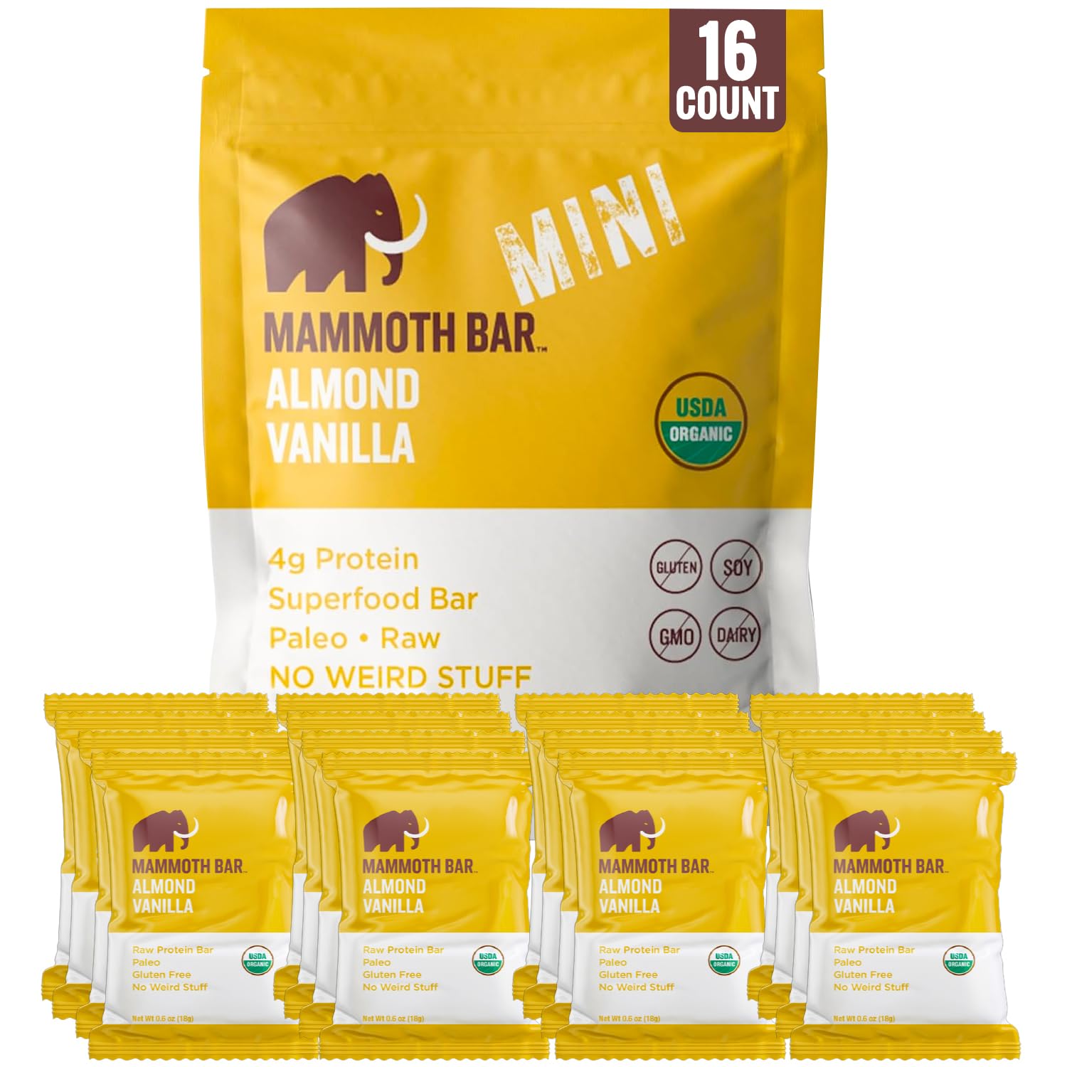Mammoth Bar Almond Vanilla mini-bar packaging signals organic gluten-free on-the-go energy snack
