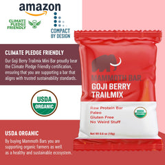 Mammoth Bar Goji Berry Trail Mix Mini Bar ingredients image highlights Goji, almonds, pistachios, seeds for protein