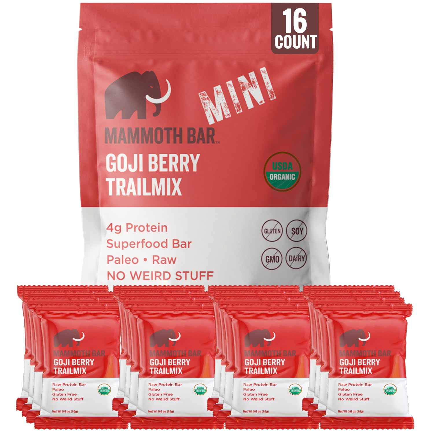 Mammoth Bar Goji Berry Trail Mix Mini Bar packaging highlights organic ingredients for convenient, on-the-go snacking