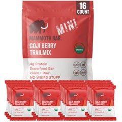 Mammoth Bar Goji Berry Trail Mix Mini Bar packaging highlights organic ingredients for convenient, on-the-go snacking