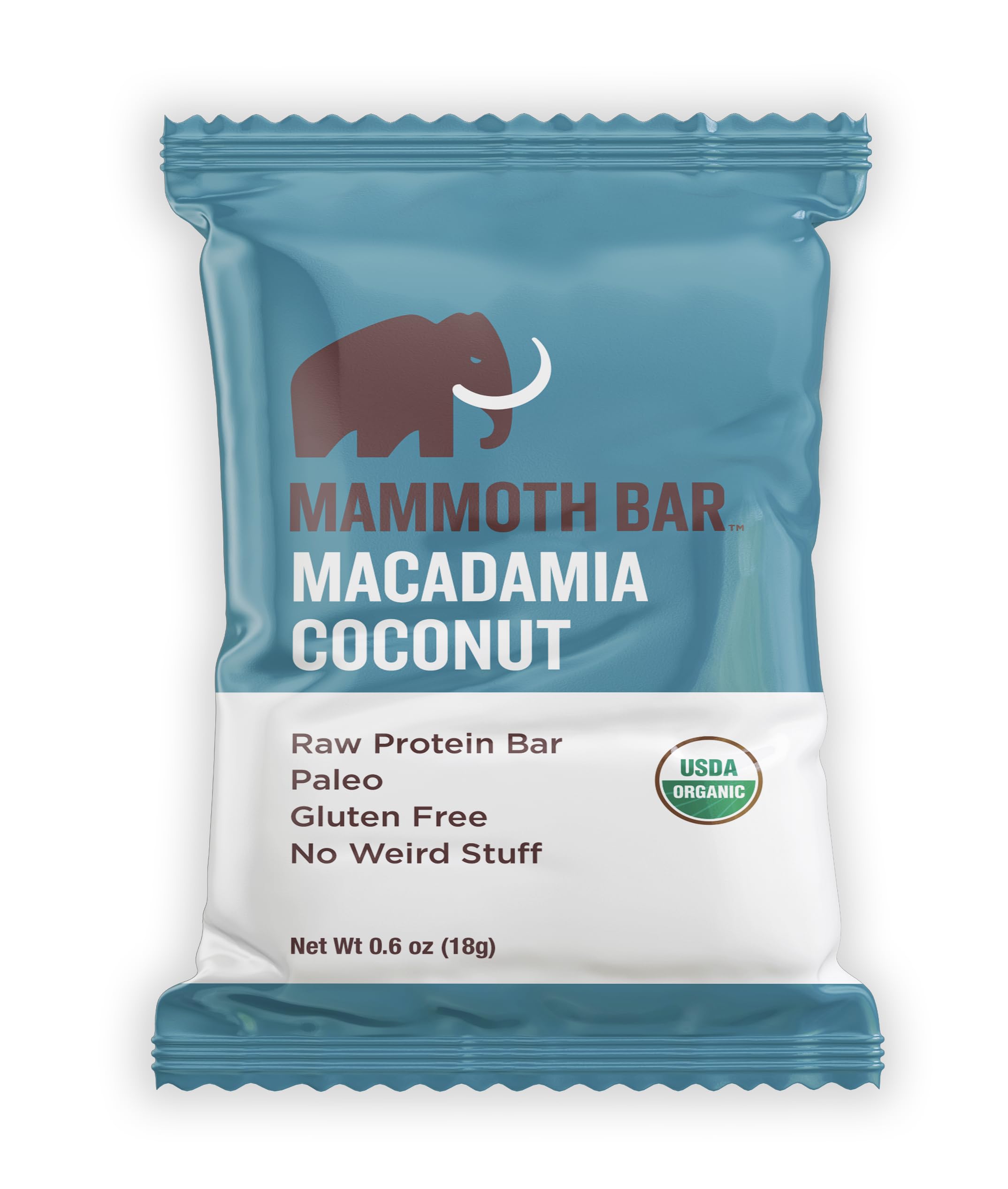 Mammoth Bar Macadamia Coconut Mini Bar on-the-go image emphasizes gluten-free, raw snack versatility.