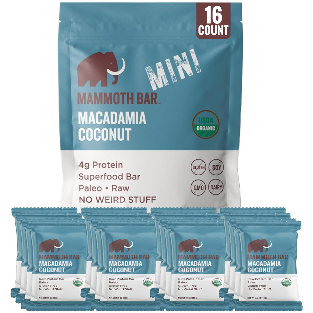 Mammoth Bar Macadamia Coconut Mini Bar packaging highlights paleo, gluten-free on-the-go snacking.