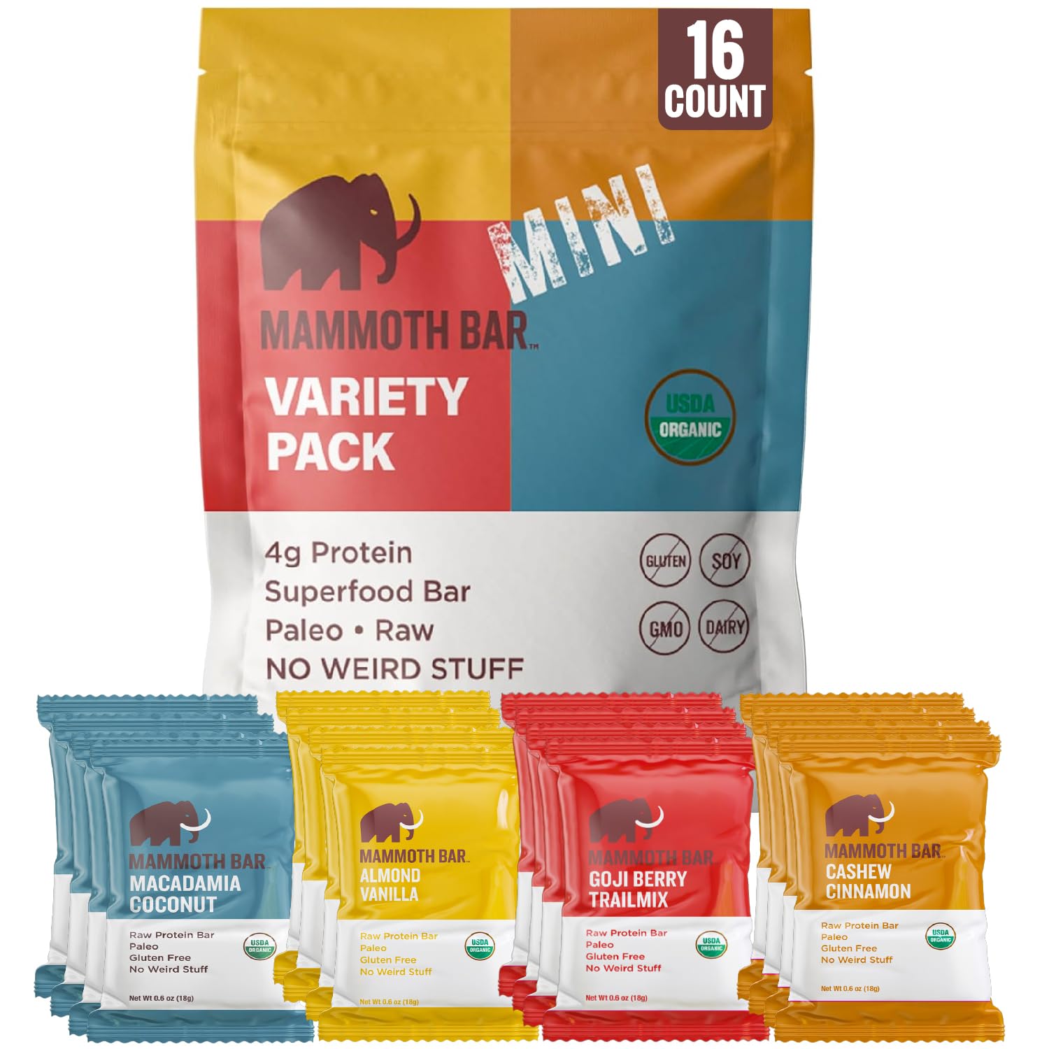 Mammoth Bar Mini variety pack front view for convenient, on-the-go snacking.