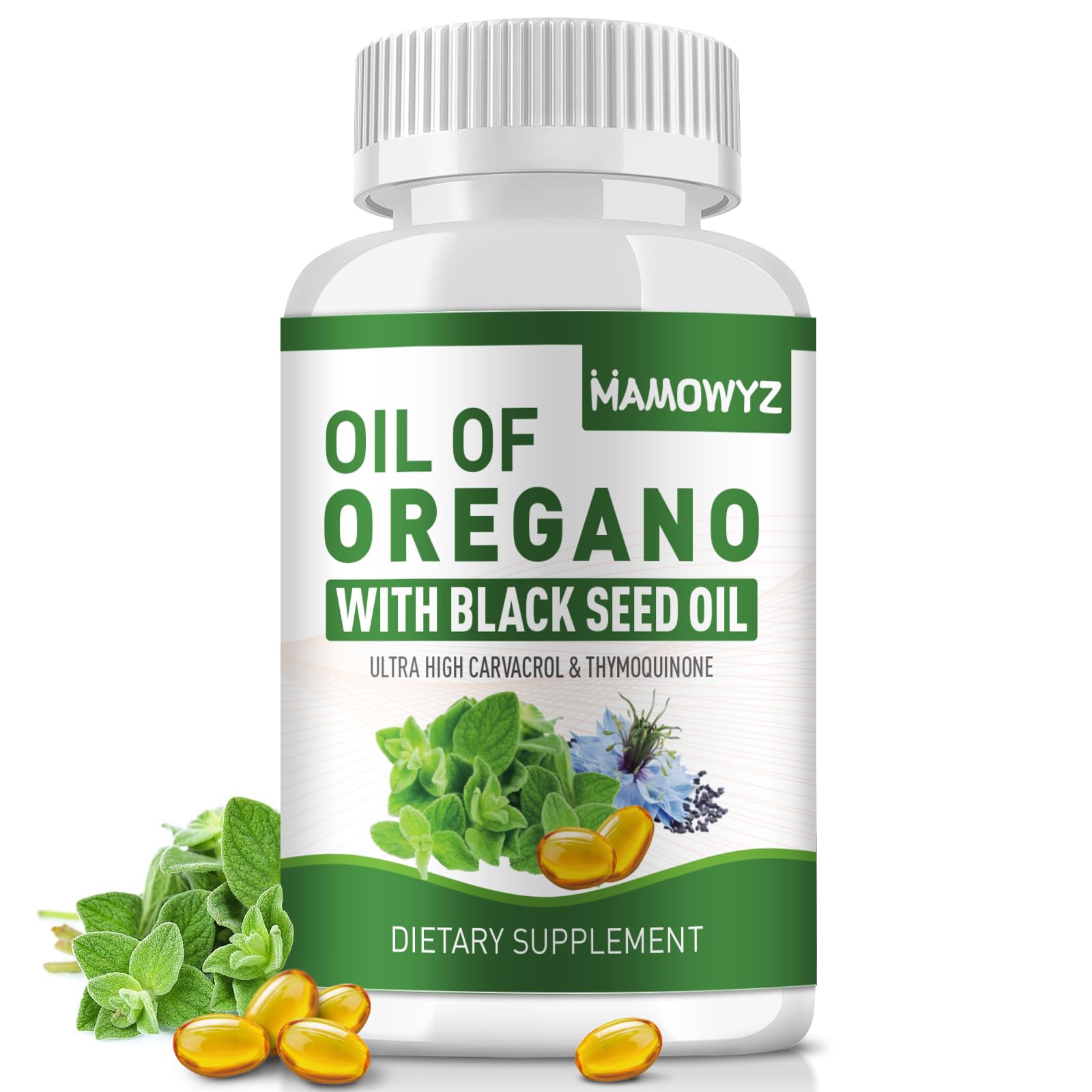 MAMOWYZ Organic Oil of Oregano with Black Seed Oil Softgel bottle – front view