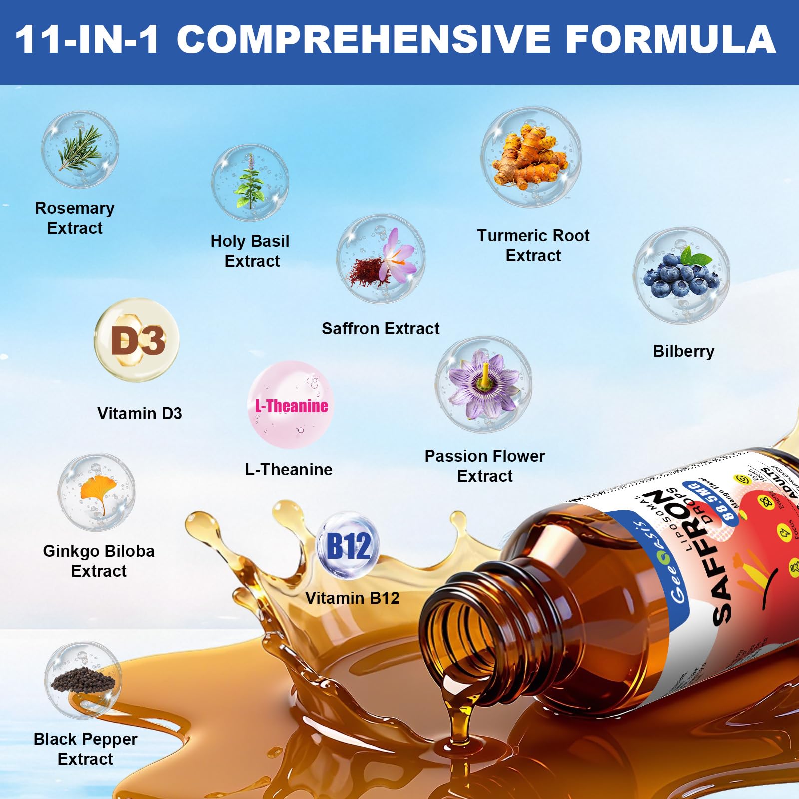 Mango-flavored vegan saffron liquid drops in a gluten-free formula