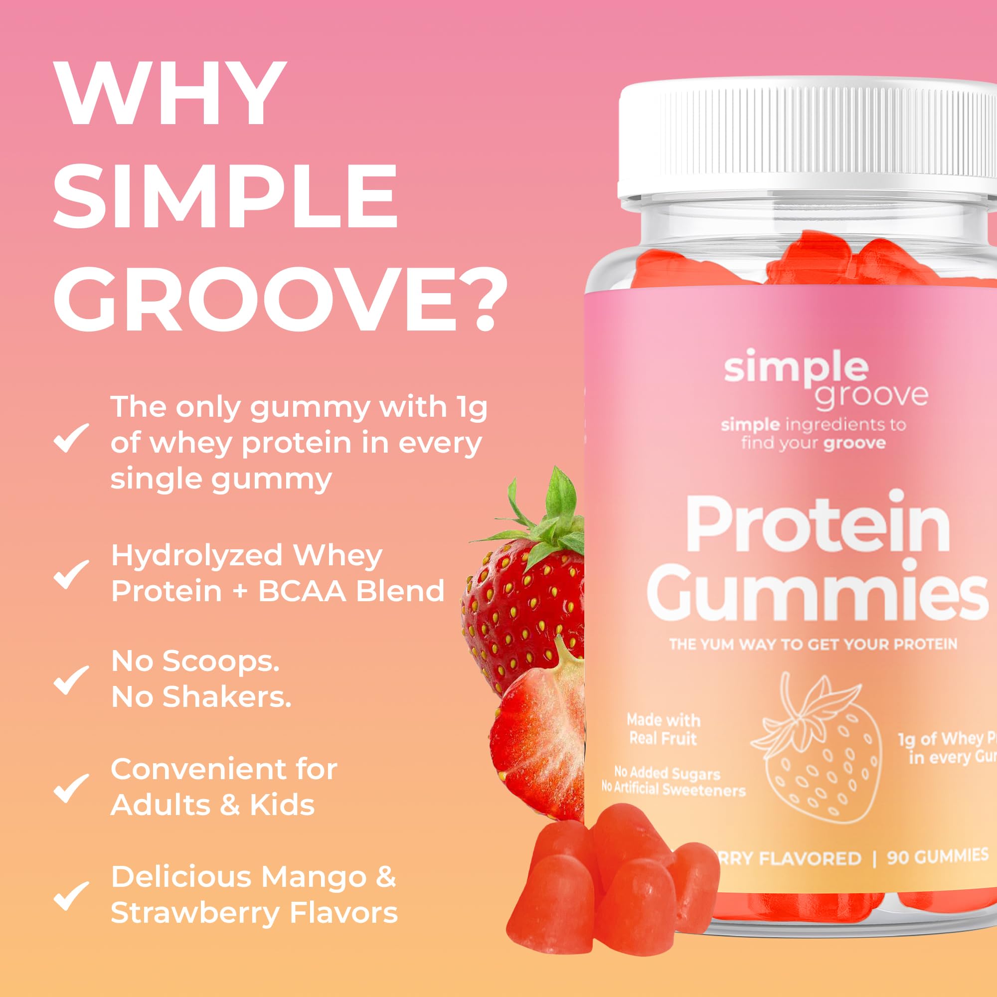 Close-up of Mango & Strawberry protein gummies highlighting texture and 1g protein