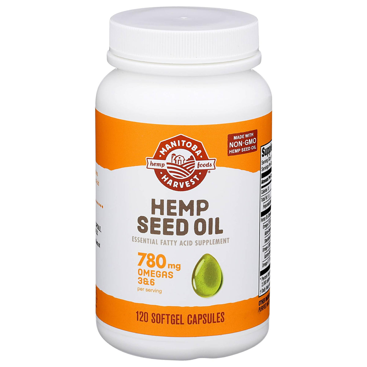 Manitoba Harvest Hemp Seed Oil Softgels bottle with label (120 count) - 780 mg Omegas 3 & 6 – Hero image