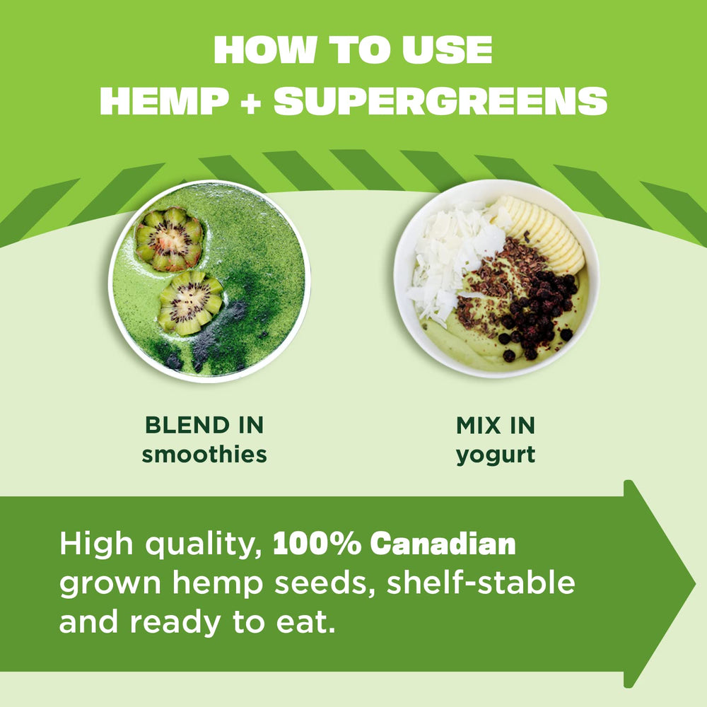 Manitoba Harvest Hemp+ Supergreens powder in a blender for a creamy plant-based breakfast