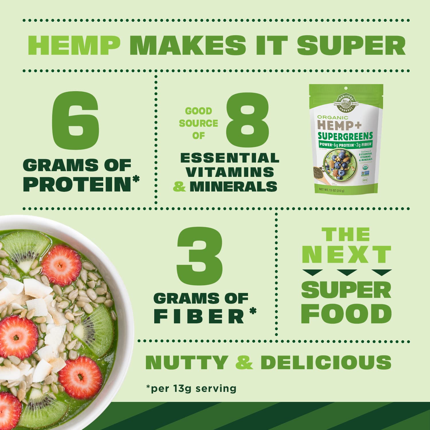 Manitoba Harvest Hemp+ Supergreens powder scoop for easy daily greens boost
