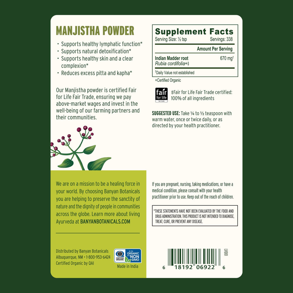 USDA Organic badge on Manjistha powder packaging