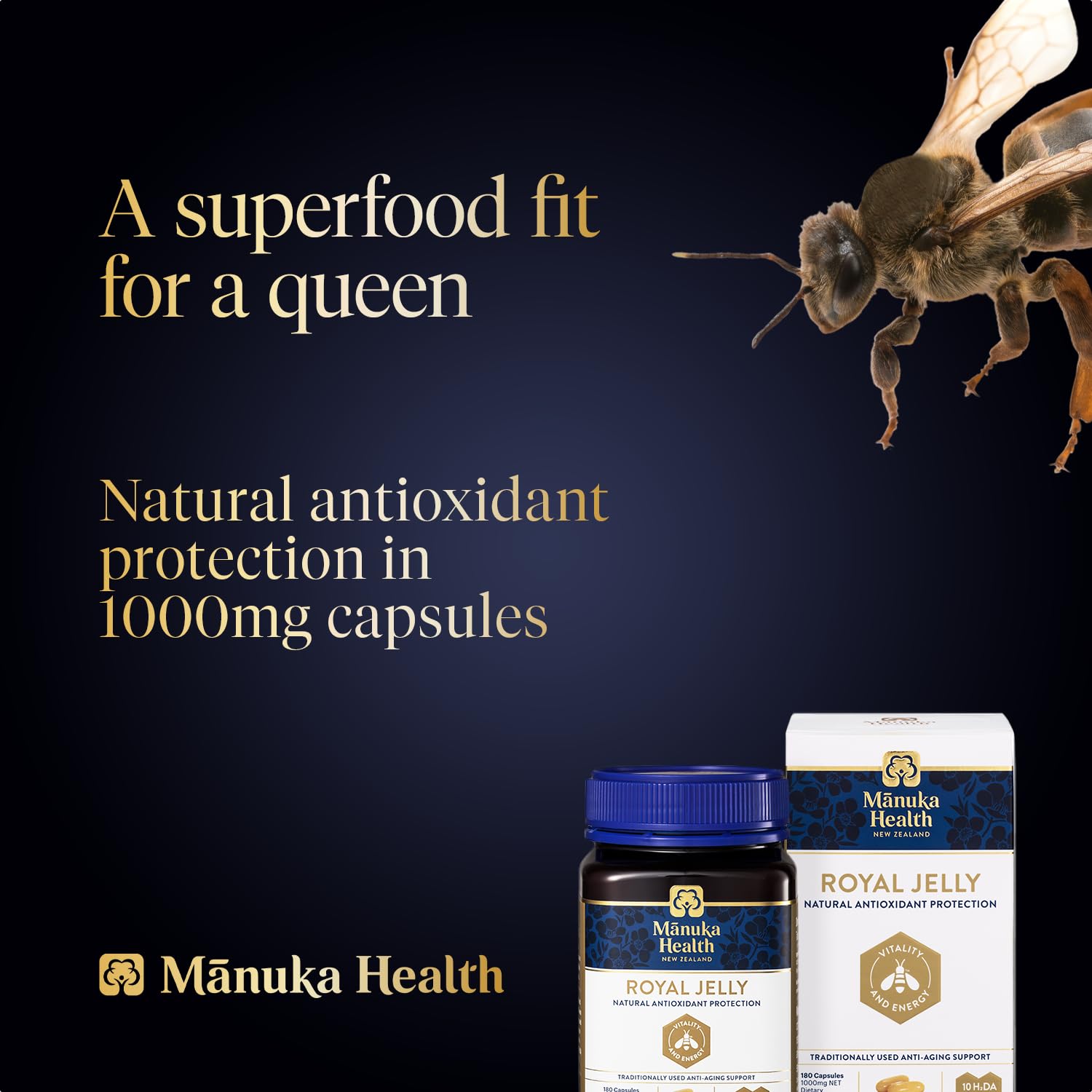 Close-up of Royal Jelly Capsules showing 1000 mg dosage