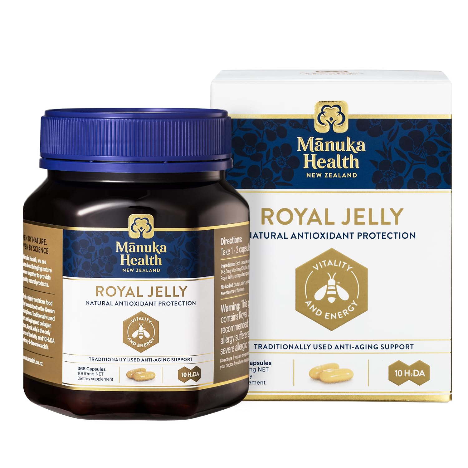 Package front view of Manuka Health Royal Jelly Capsules 1000mg 365-count