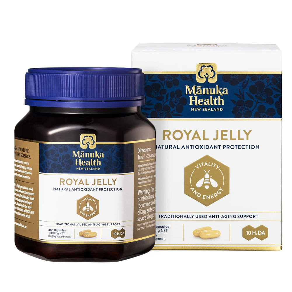 Package front view of Manuka Health Royal Jelly Capsules 1000mg 365-count