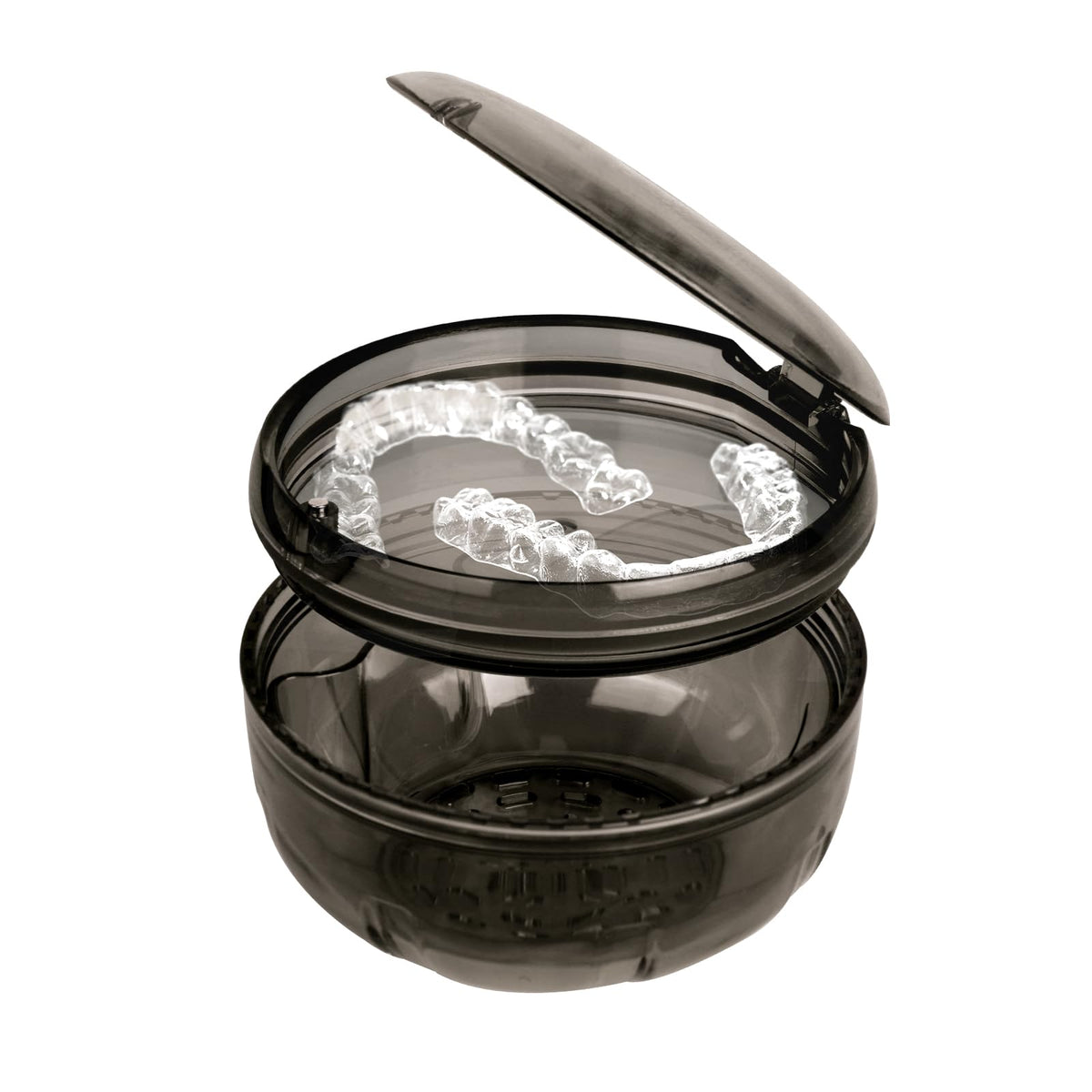 Maoerdental retainer cleaner case in black, closed for travel