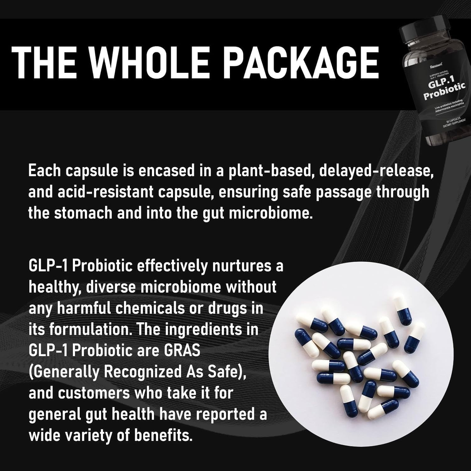 MAPUG GLP-1 Probiotic capsules close-up highlighting plant-based, safe delivery.