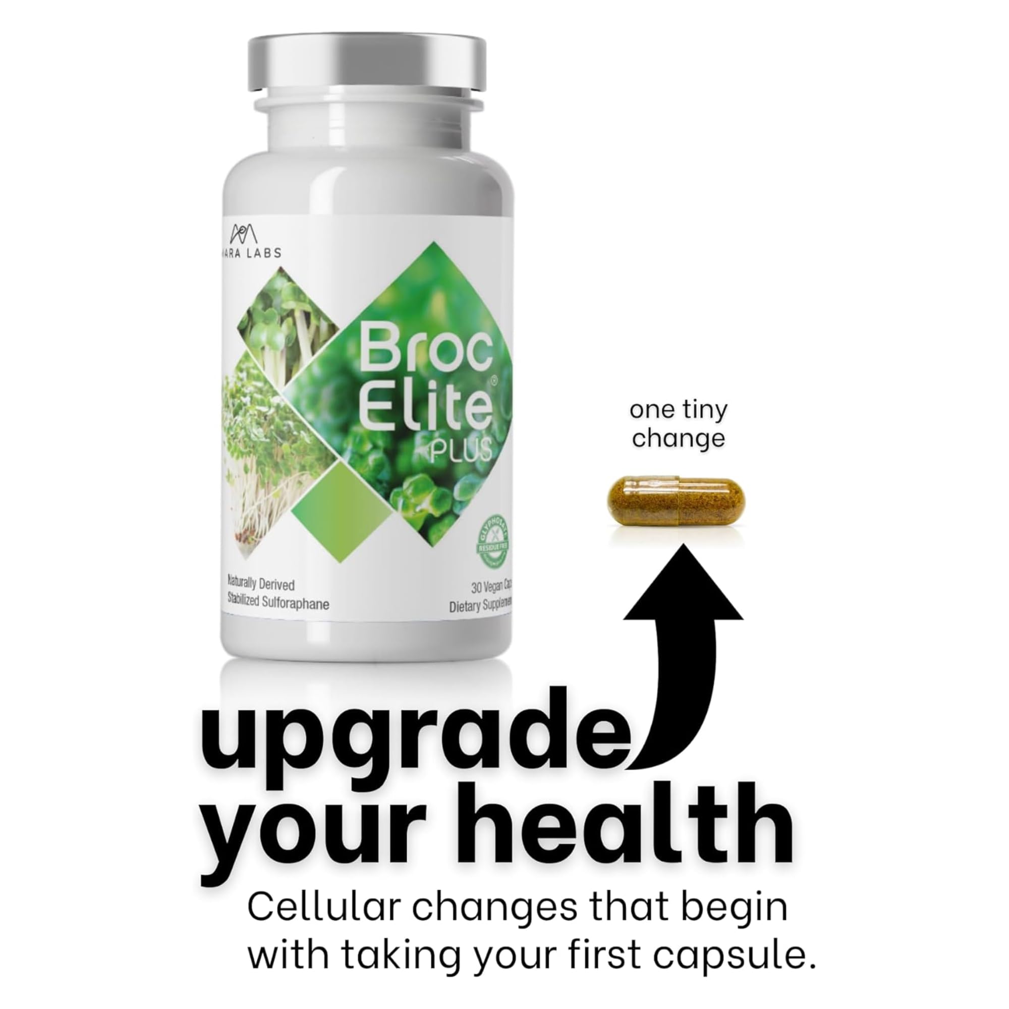 Label on Broc Elite Plus highlighting stabilized sulforaphane