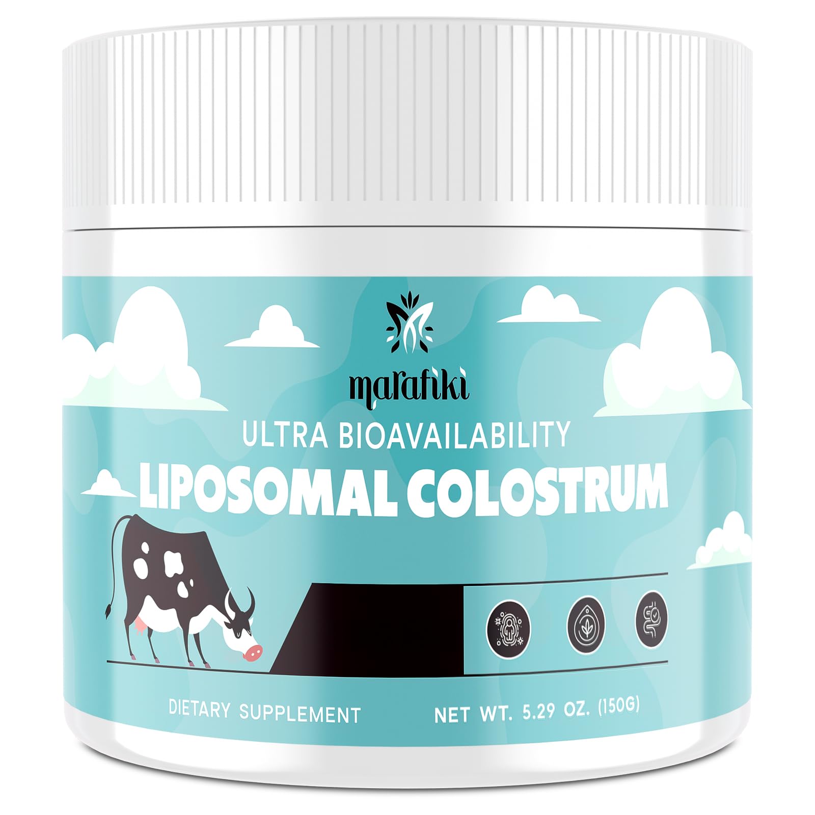 Marafiki liposomal bovine colostrum powder with scoop and label