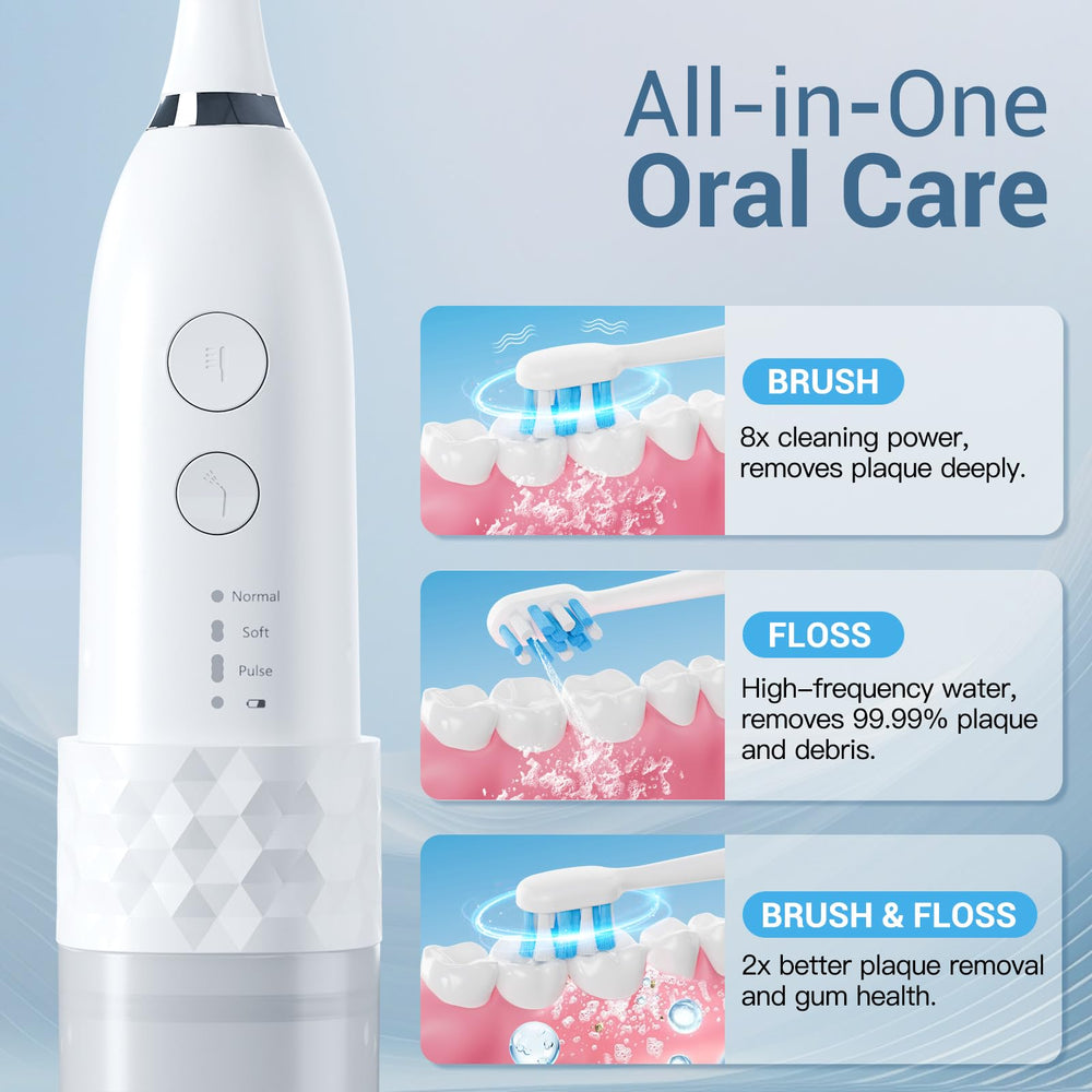 Ultrasonic cleaning with integrated water flossing action