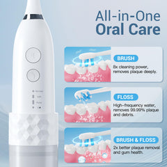 Ultrasonic cleaning with integrated water flossing action