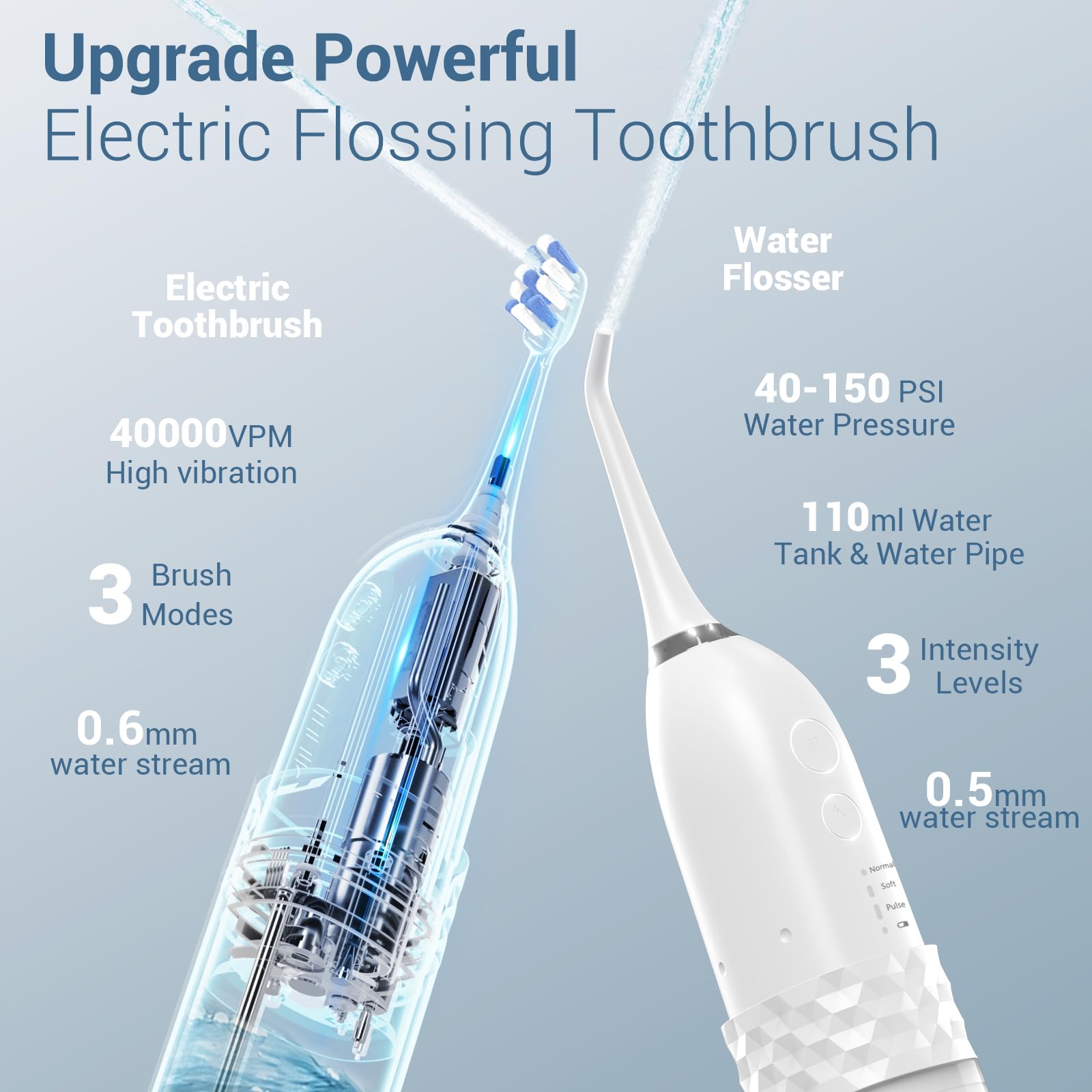 Three brushing modes and three flossing pressures