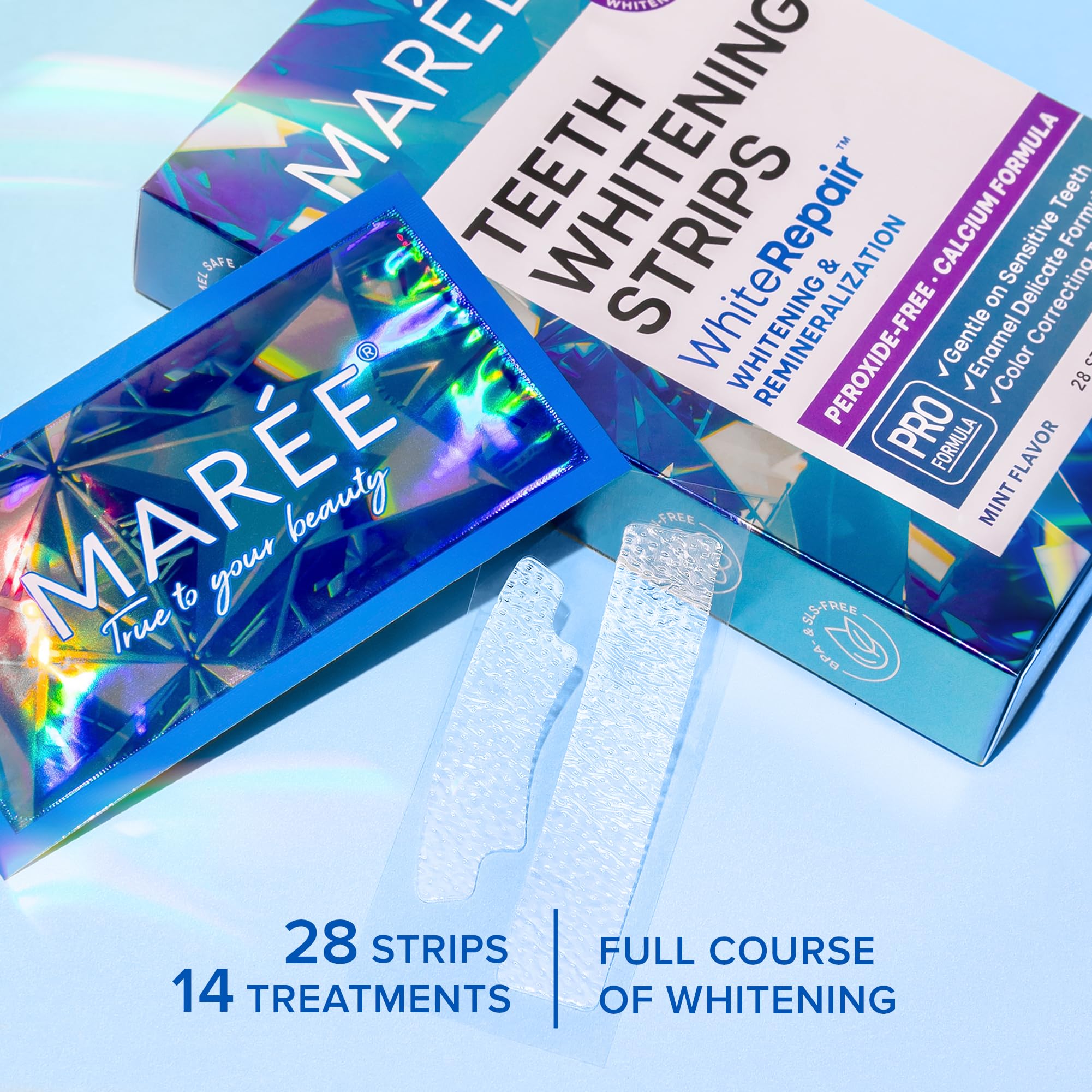 Close-up of Maree whitening strips applied to teeth