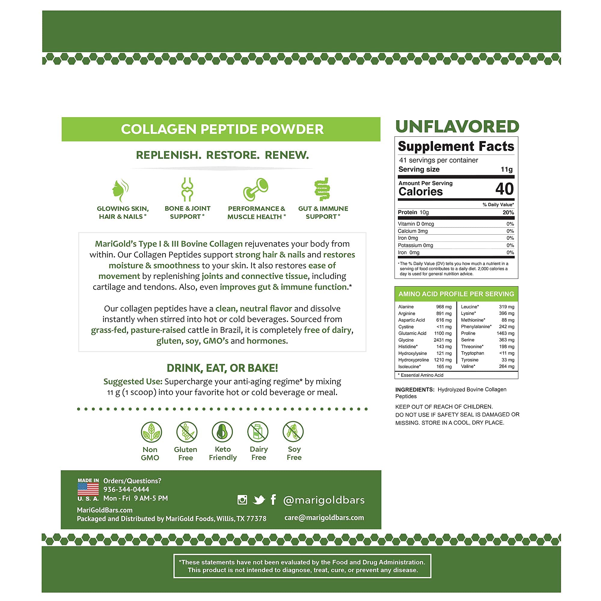 Back of the MariGold collagen bottle packaging