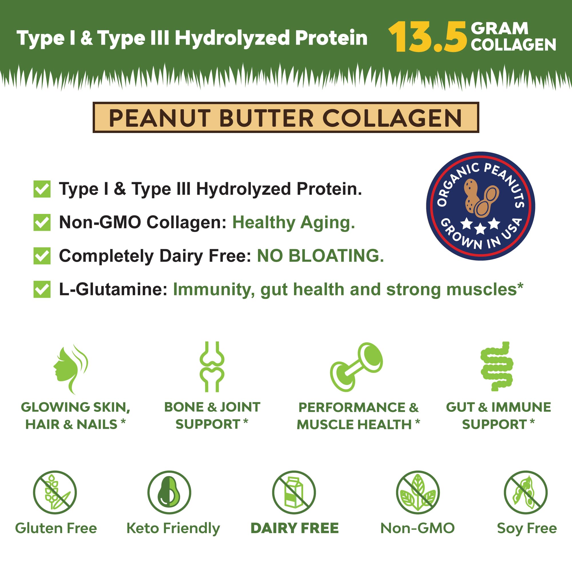 Back label of MariGold Collagen Peptides Powder Peanut Butter 1 lb
