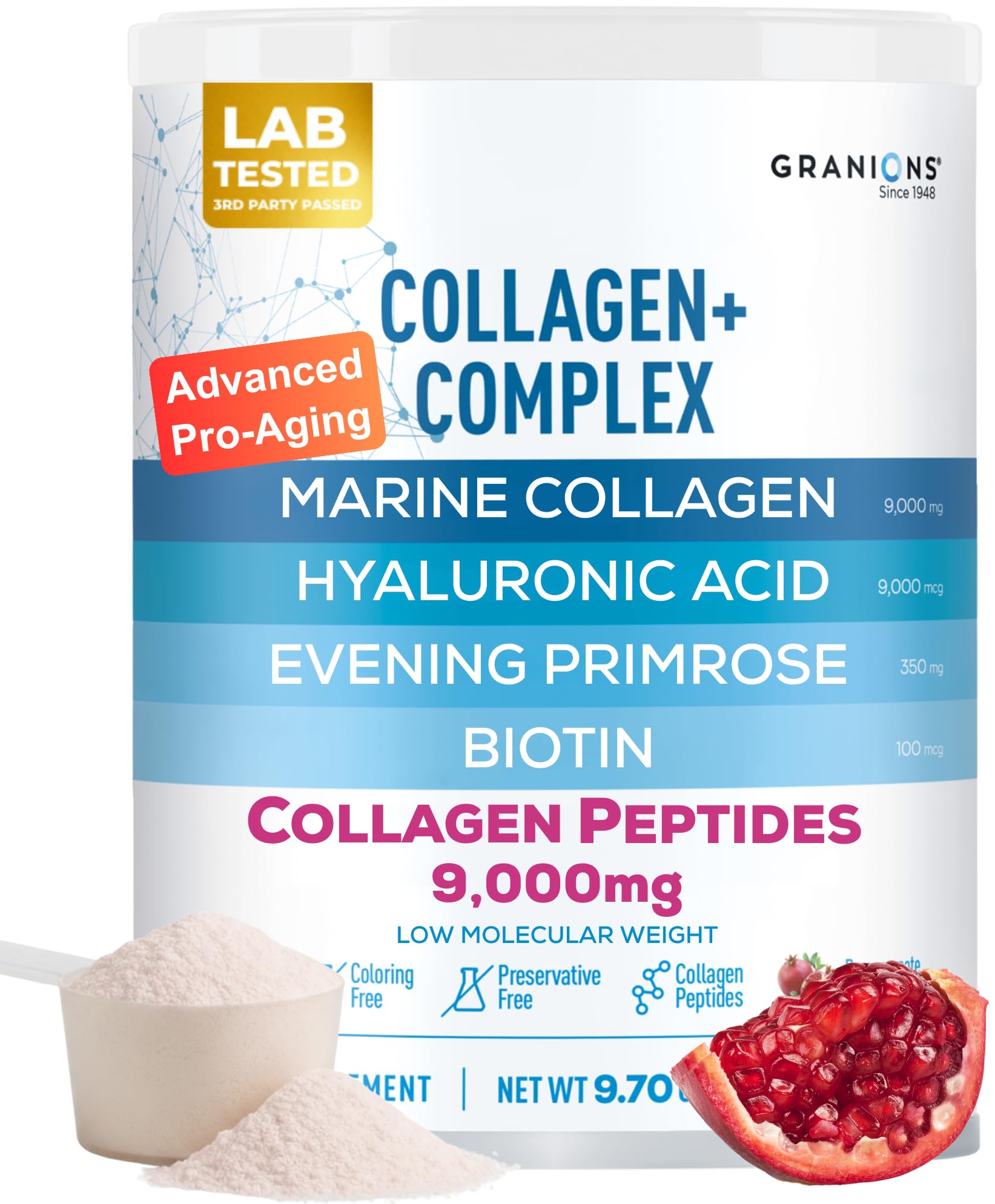 Pomegranate flavor marine collagen powder 9.7oz tub