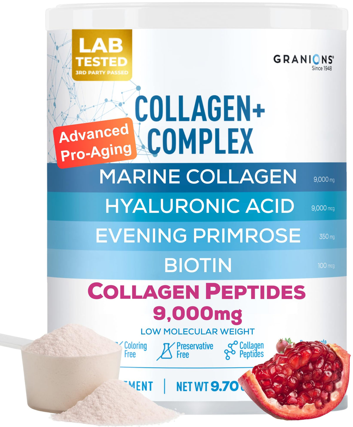 Pomegranate flavor marine collagen powder 9.7oz tub