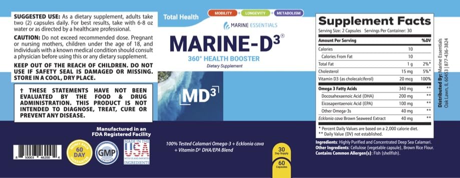 Close-up of 60 capsules per bottle for Marine D3 Omega-3