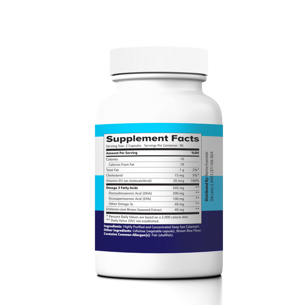 Supplement facts panel for Marine D3 Omega-3 Calamari Ecklonia Cava