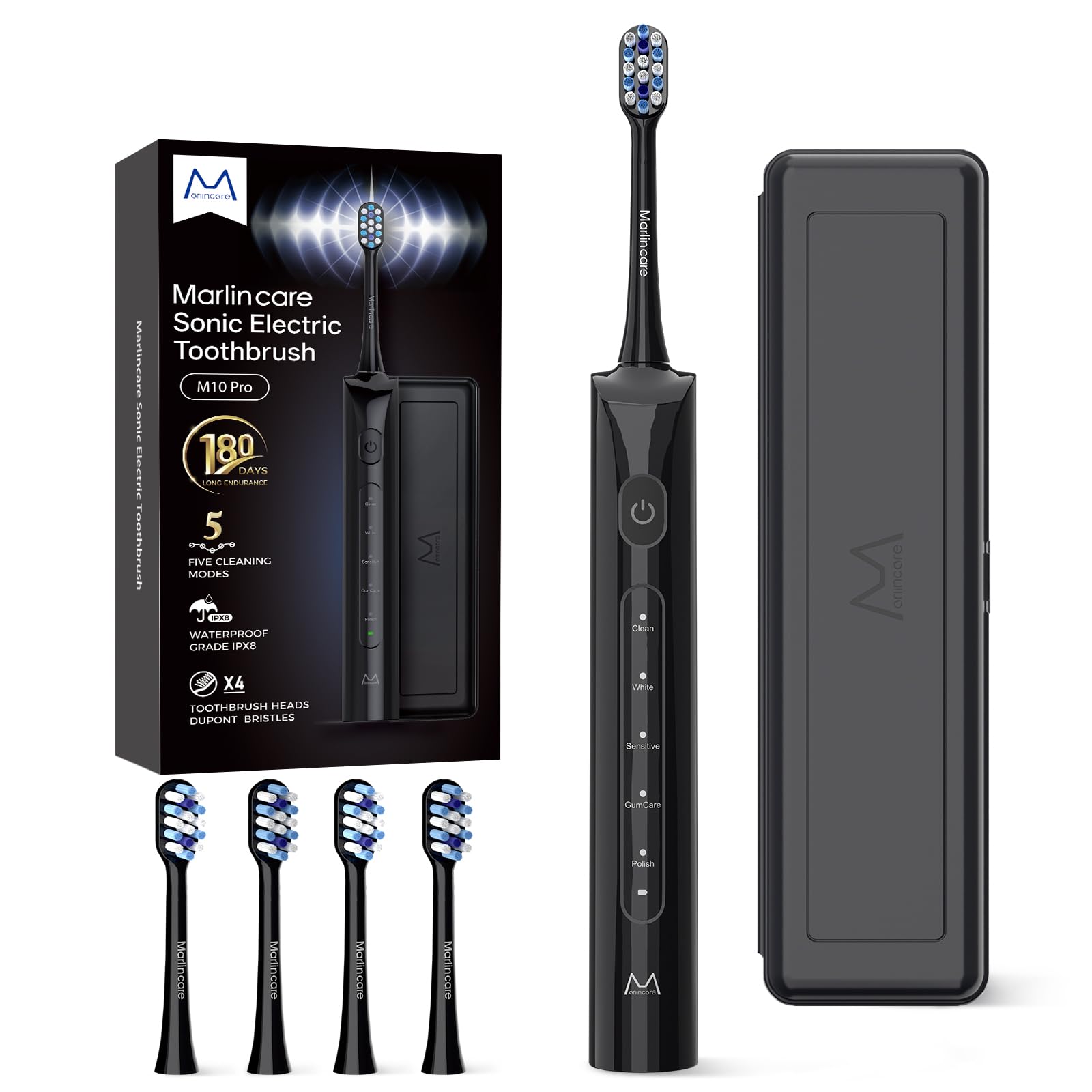 Marlincare electric toothbrush for adults with black handle and case