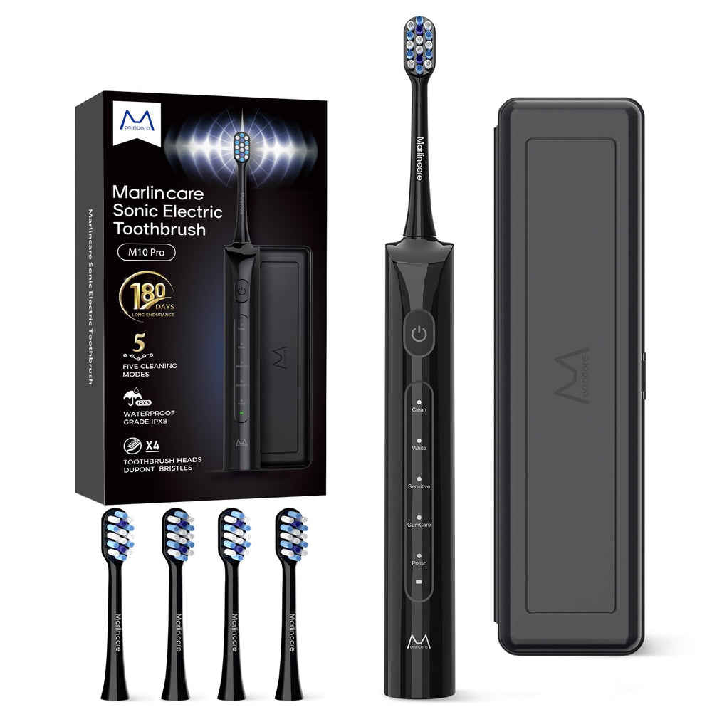 Marlincare electric toothbrush for adults with black handle and case