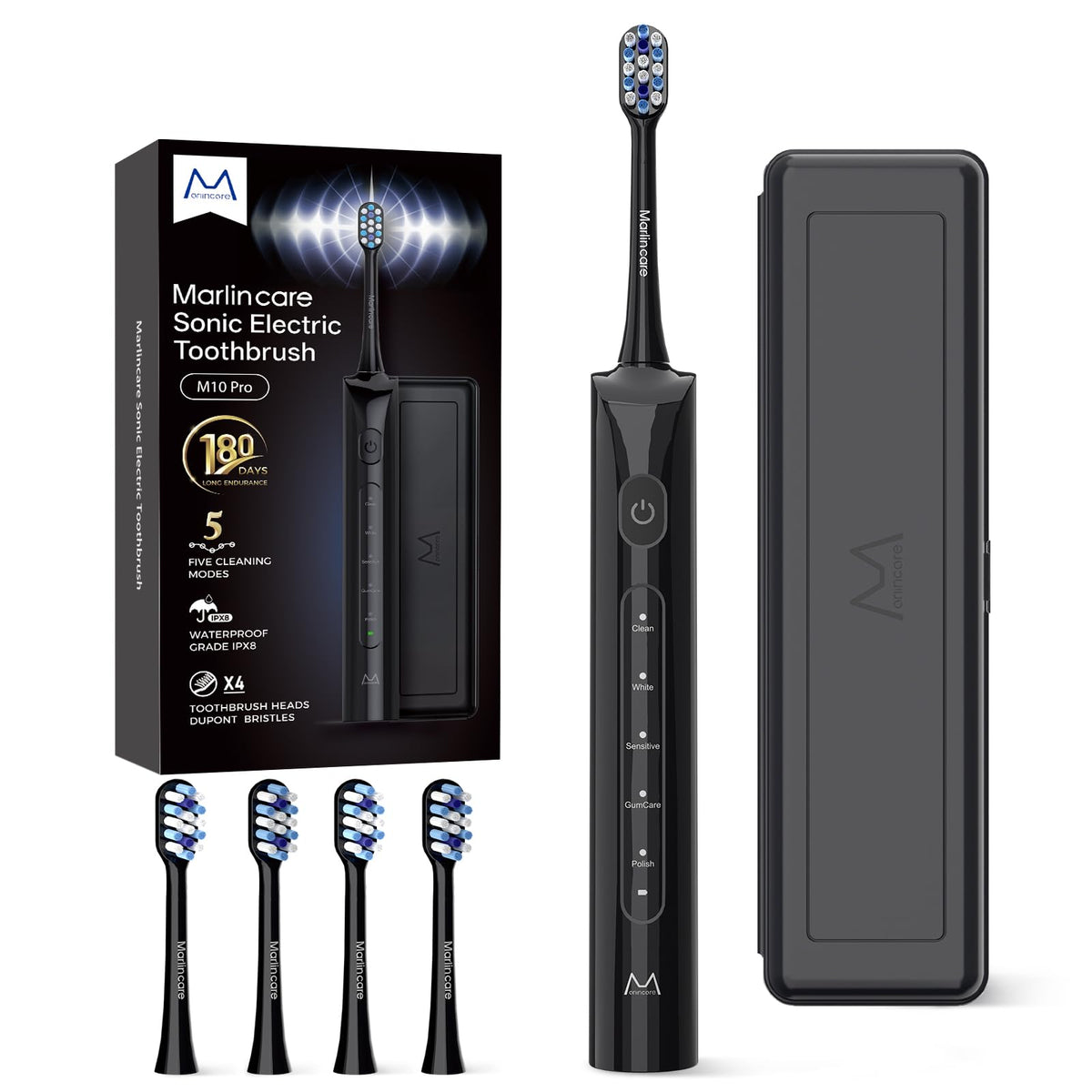 Marlincare electric toothbrush for adults with black handle and case