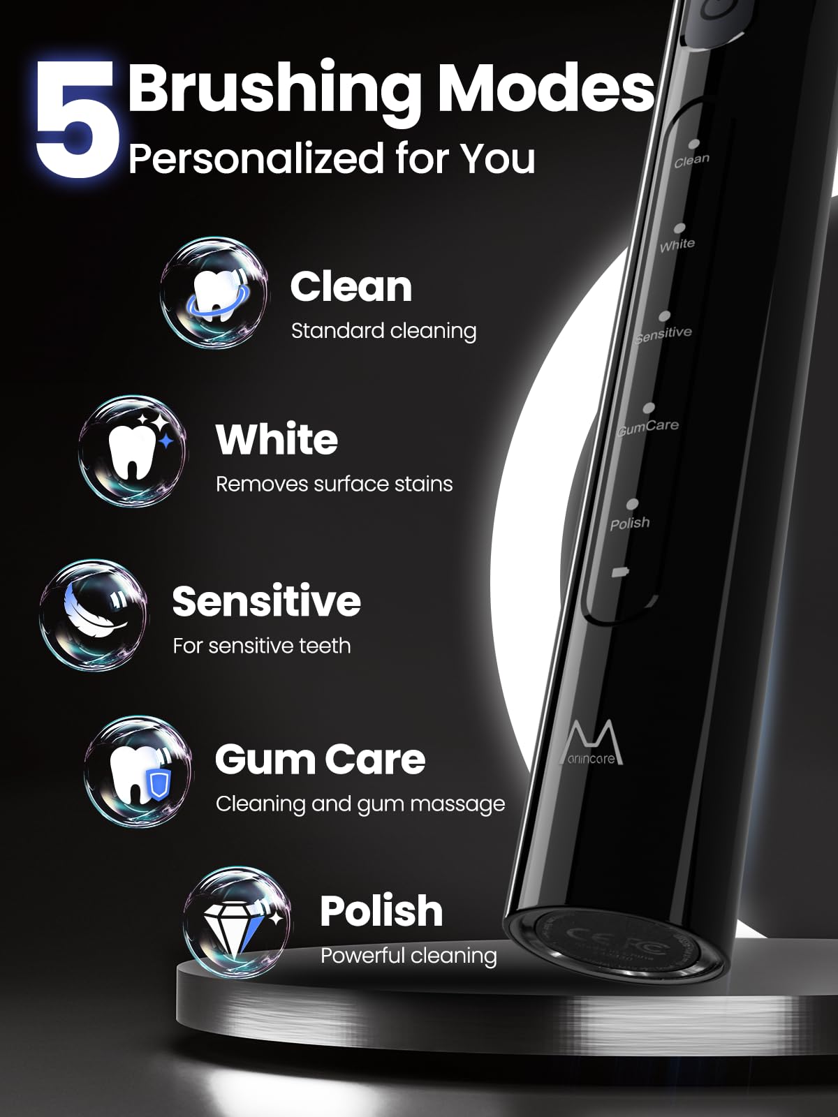 Close-up of Marlincare toothbrush with four replacement heads