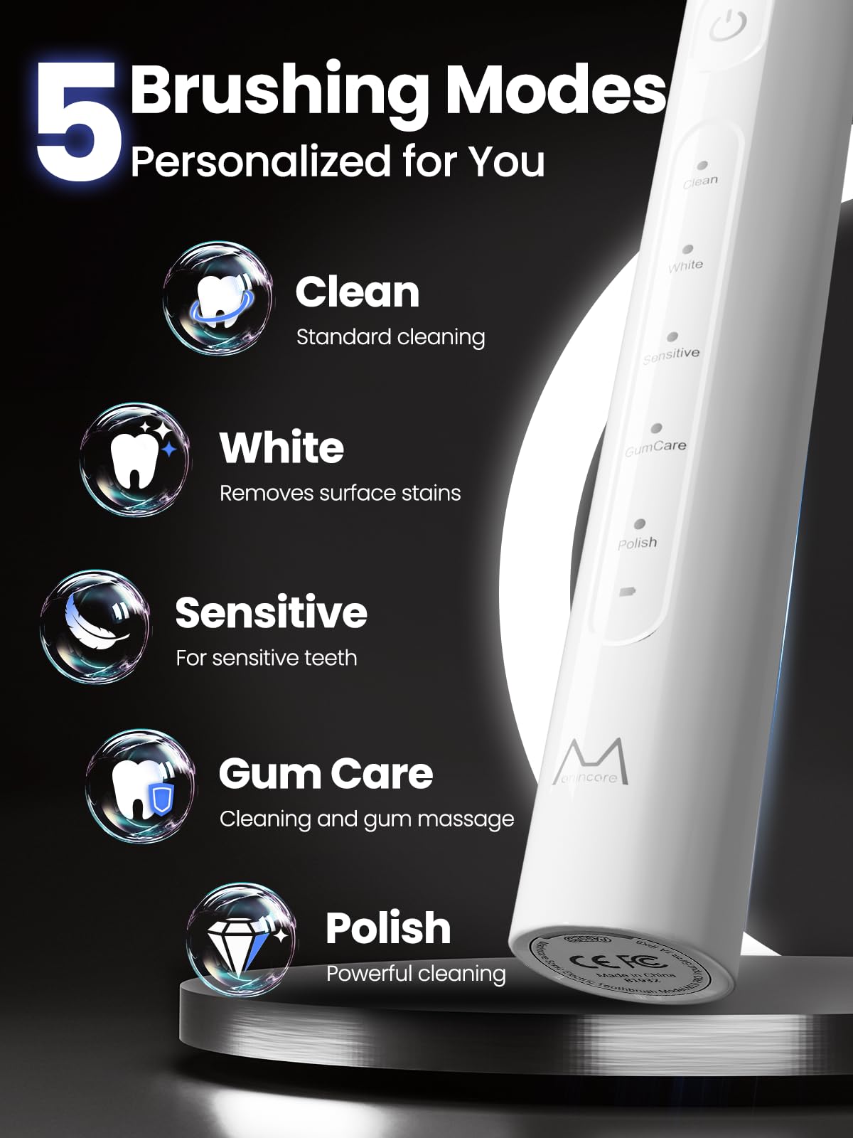 Close-up of Marlincare toothbrush showing 55,000 sonic pulses per minute