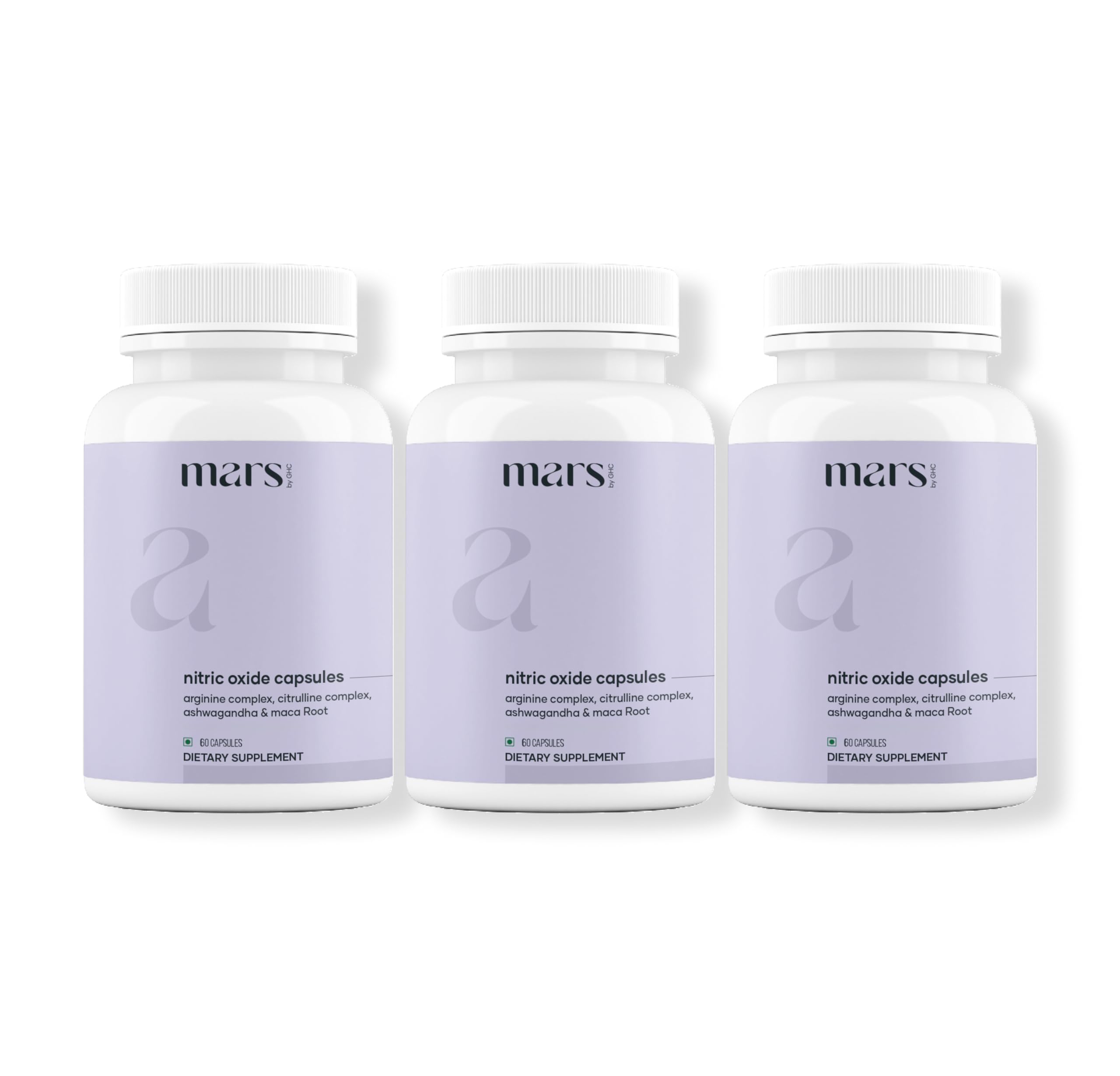 Mars by GHC Nitric Oxide capsules bottle front shows clean vegan energy support