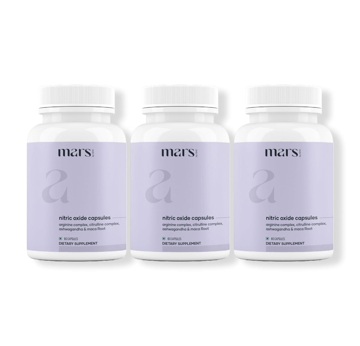 Mars by GHC Nitric Oxide capsules bottle front shows clean vegan energy support