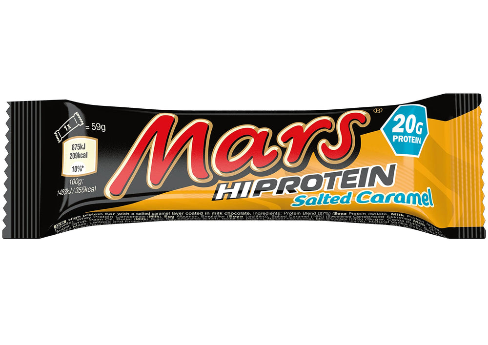 Mars Hi Protein Bar Salted Caramel nutrition panel highlights protein content and ingredients.