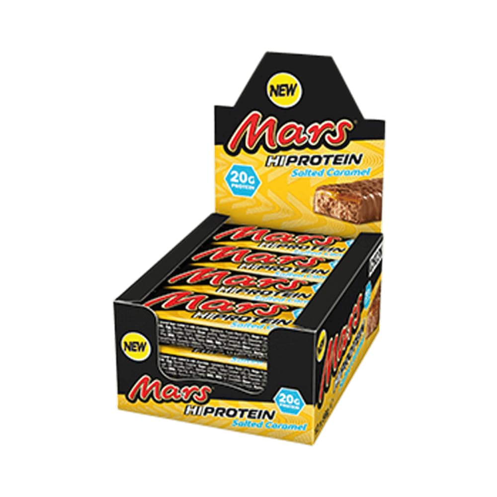 Mars Hi Protein Bar Salted Caramel pack shot shows a 12-bar multipack for on-the-go snacking.