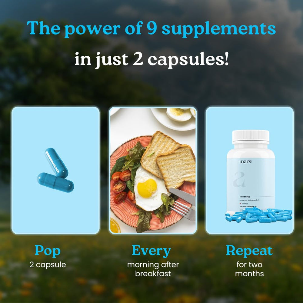 Sea moss capsules with natural background