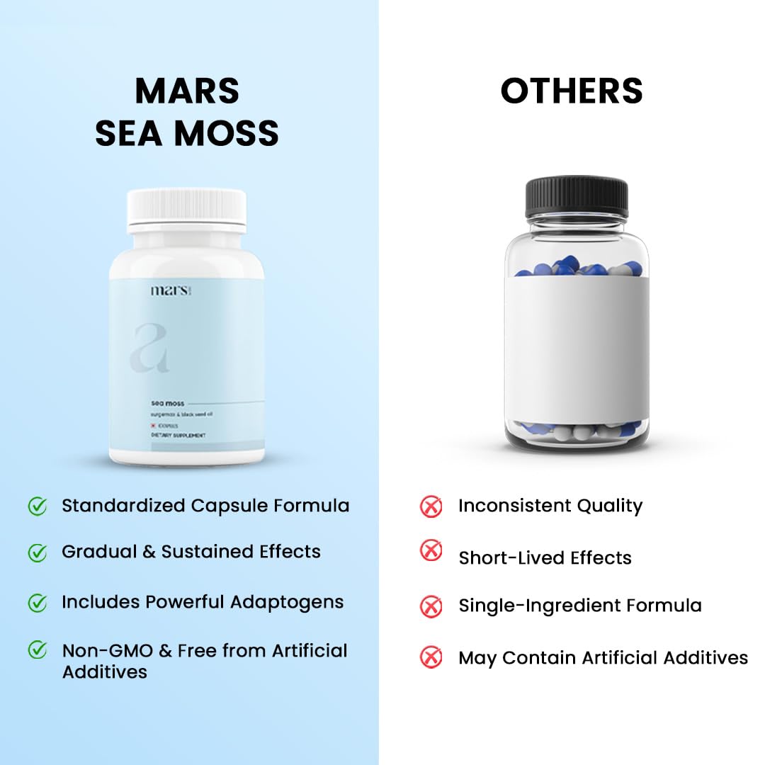 Black Seed Oil bottle beside Mars Sea Moss Caps