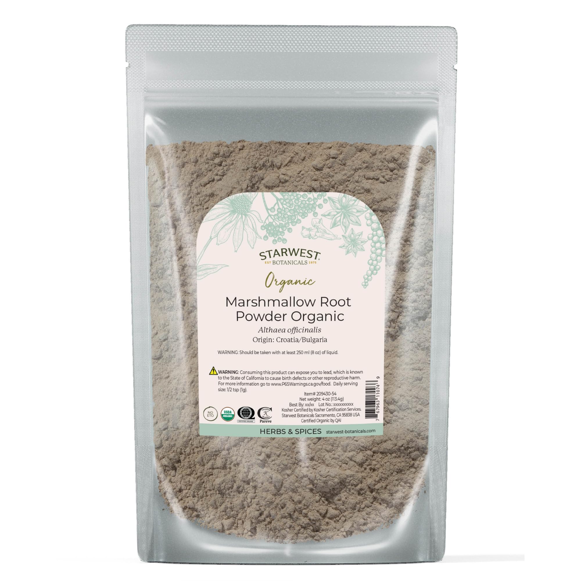 Organic Marshmallow Root Powder 4 oz pouch - front view