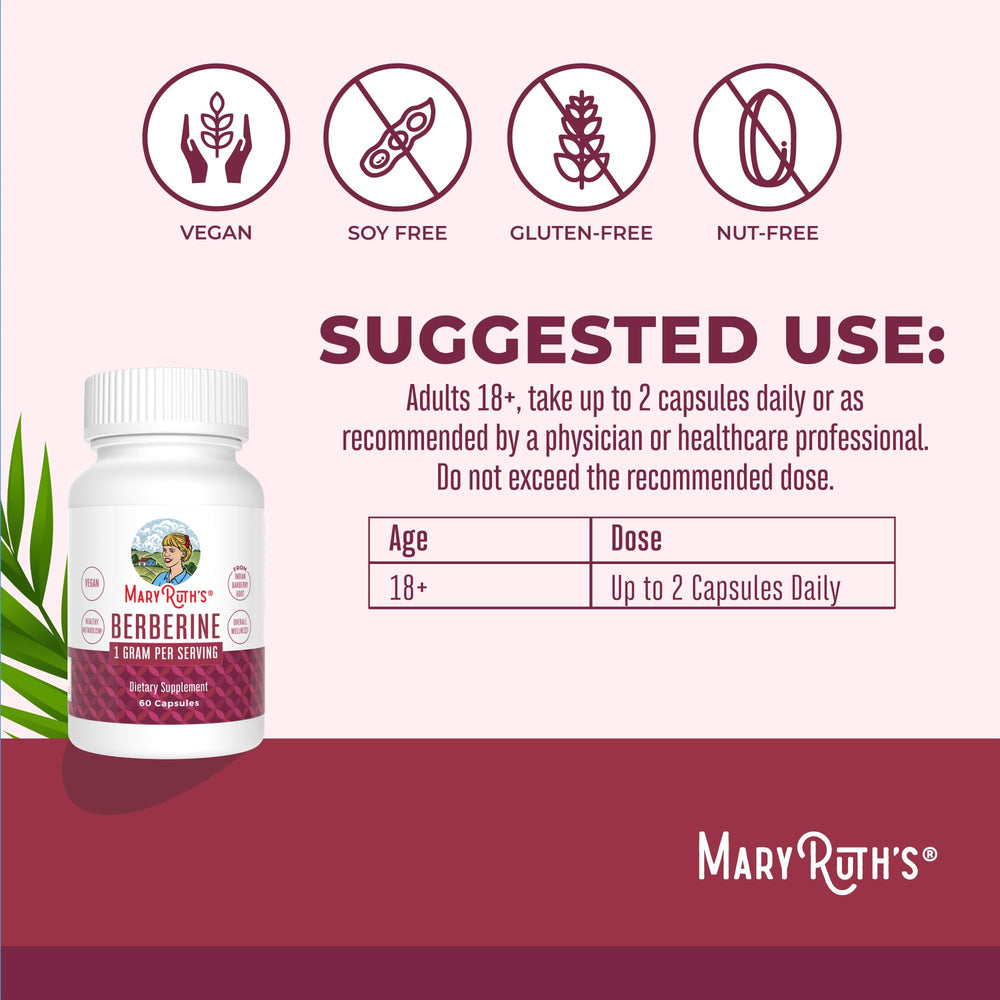 MaryRuth Berberine bottle with label showing 1000 mg per serving