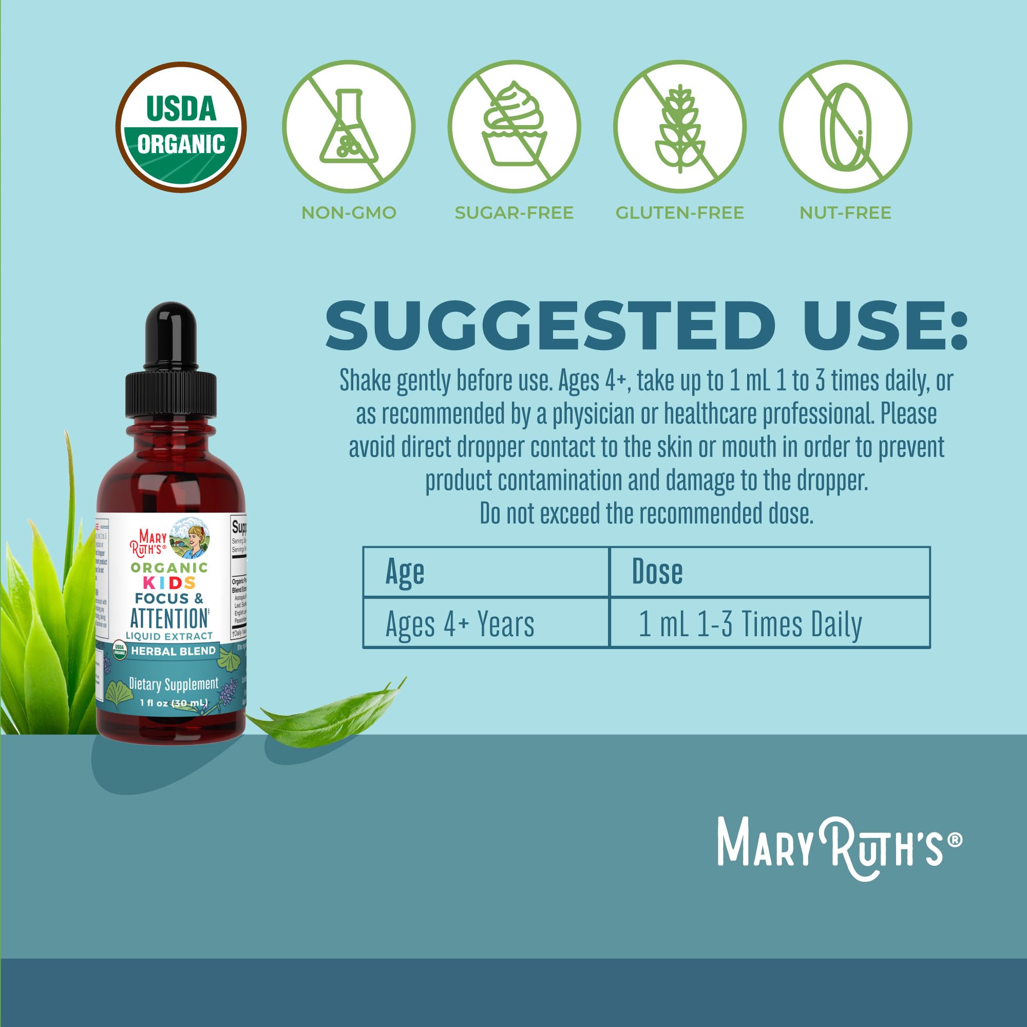 MaryRuth Organics Kids Brain Drops packaging and label