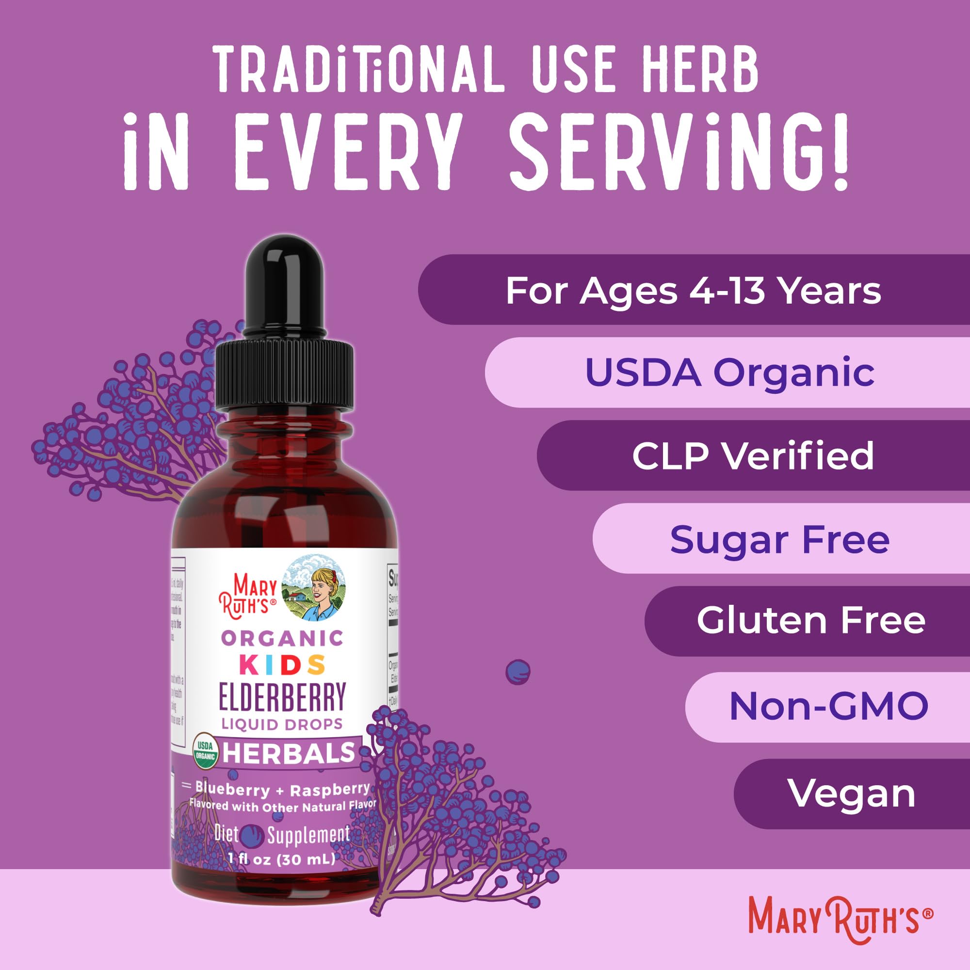Front view of MaryRuth Organics Kids Elderberry Drops package