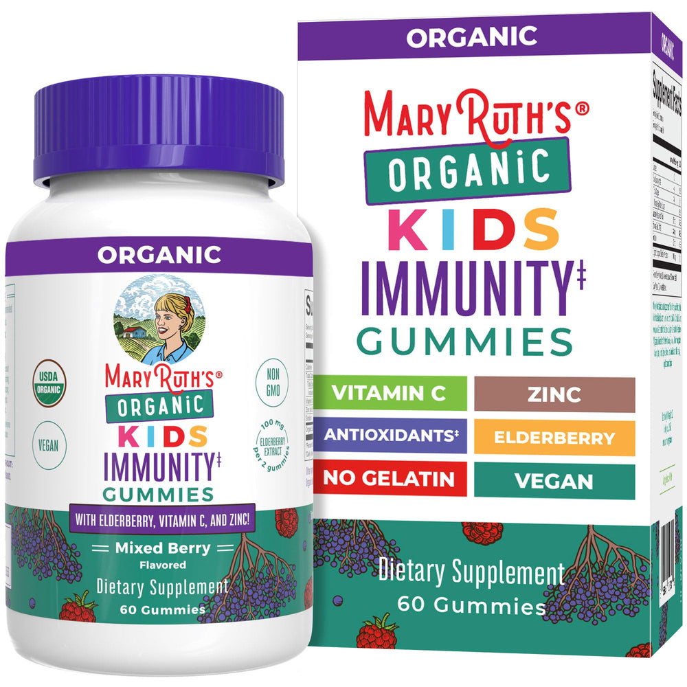 Bottle of MaryRuth Organics Kids Immune Support Gummies on white background