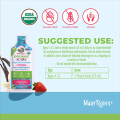 Single-serving packet of MaryRuth Kids Liposomal Multivitamin in strawberry cherry vanilla flavor
